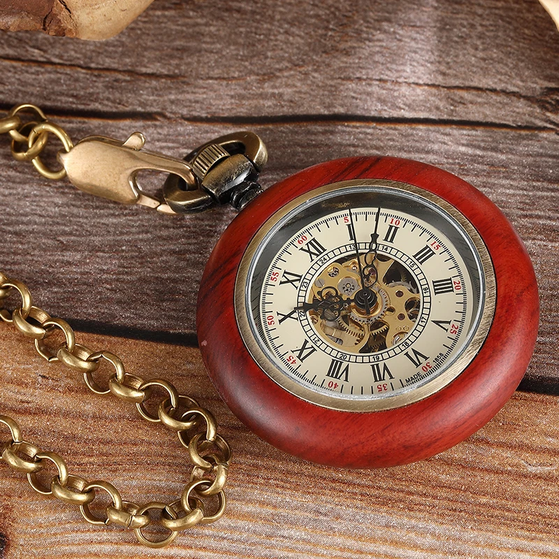 Luxury Wooden Mechanical Pocket Watch for Men Natural Red Sandalwood Wood Case Gold Back Engraved Fob Chain Clock Dropshipping
