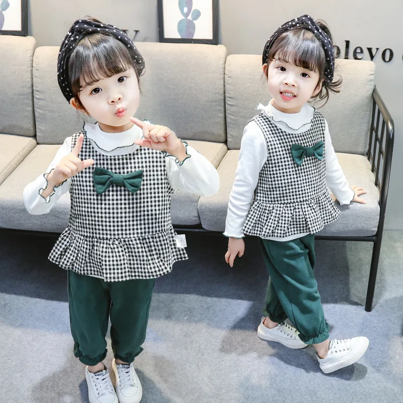 Girls Autumn Set Bow Plaid 3pcs Set Baby Girls Plaid Suit 10.11