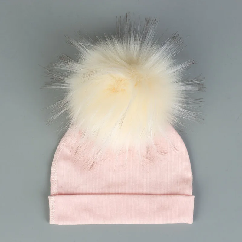 7Light Pink Осенне-зимний мягкий хлопковый бант для новорожденных, аксессуары для мальчика, шапка для ребенка, шапка для младенца с искусственным помпон из меха енота - Цвет: 7Light Pink