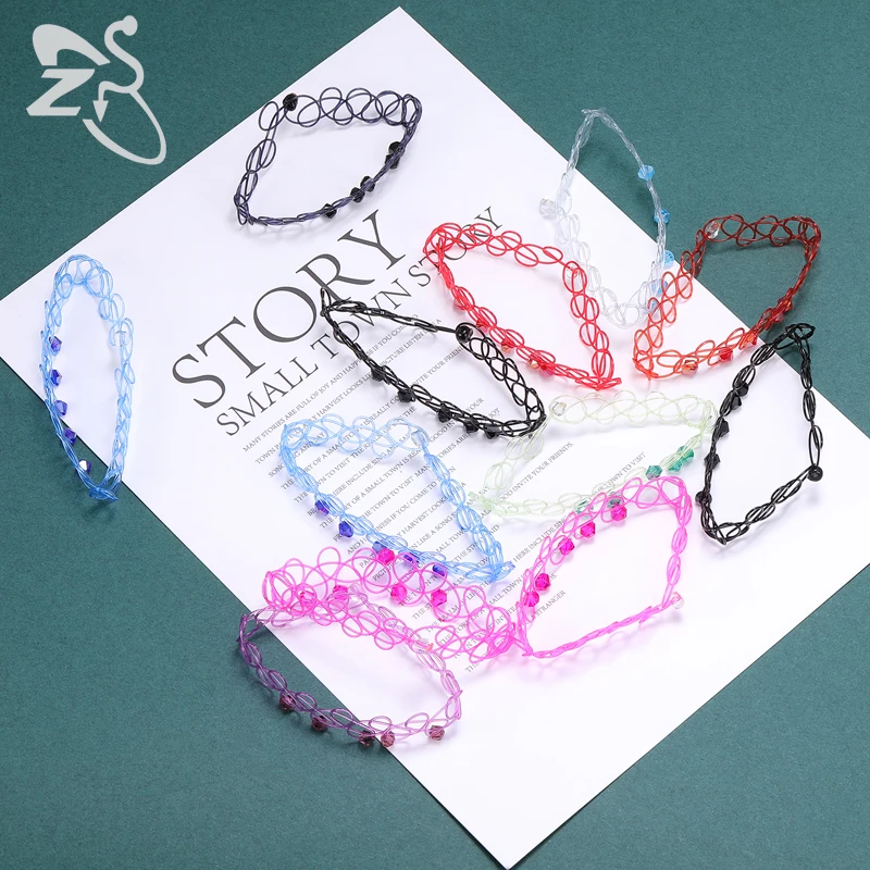 Set Di 8 Gioielli Elastici Donna: 4 Collane Choker, 2 Bracciali, 2 Anelli, Tatuaggi Elasticizzati, Stile Gotico Vintage, Nero