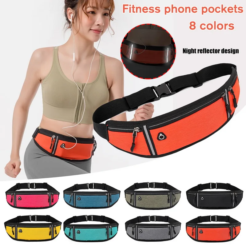 Riñonera reflectante para Fitness para hombre y mujer, bolso deportivo de lona para viaje, bolso para teléfono con bolsillos, tiras ligeras para deportes al aire libre