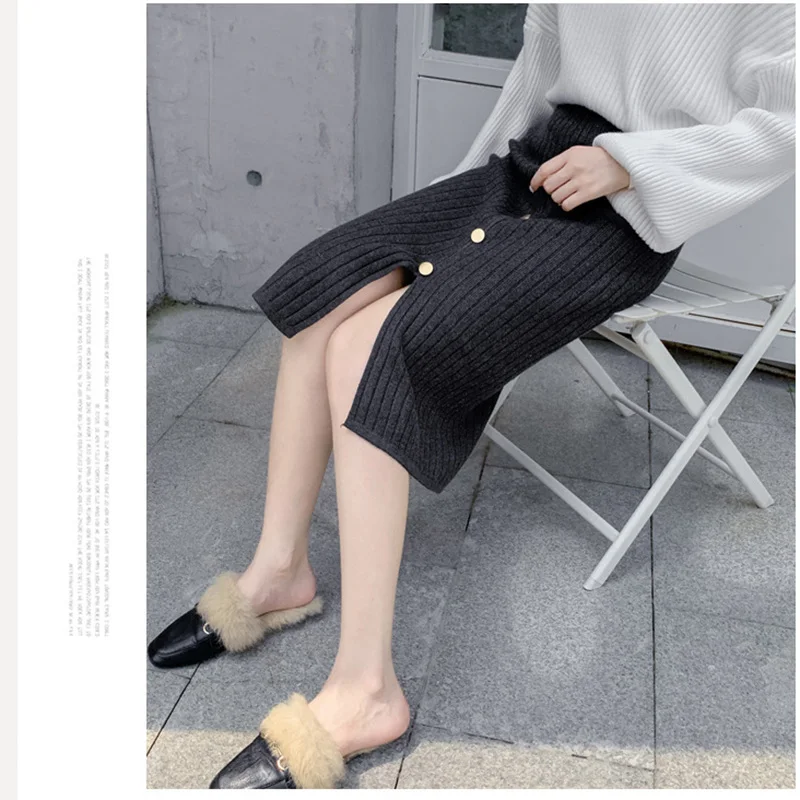 Knit winter skirt long skirts womens2019 autumn and winter skirt long skirt was thin single-breasted split midi skirt