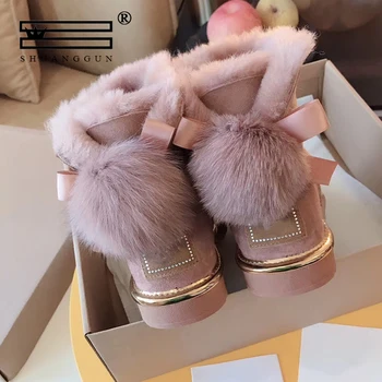 

SHUANGGUN Australian boots winter ladies snow boots wool sheepskin leather snow boots mink fur decoration