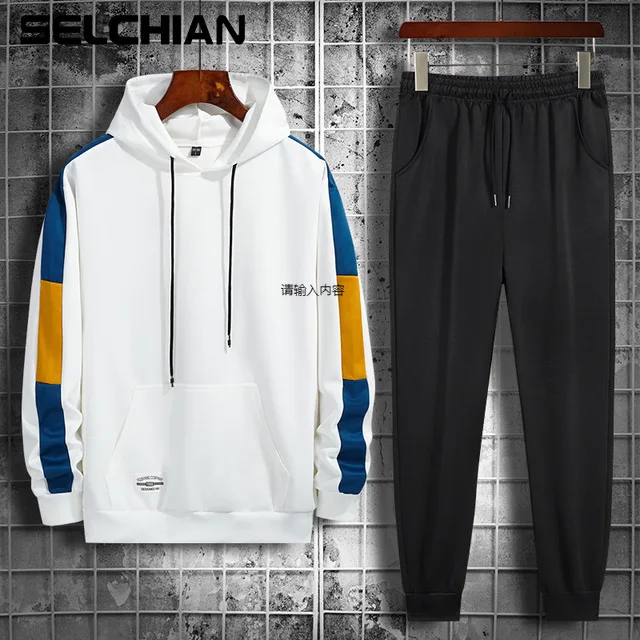 Men Tracksuit Jogging Suit Side Splice Hoodies Set Male Fleece Hoodies+Pants Workout Two Piece Sets Gym Sportswear Clothing | Мужская