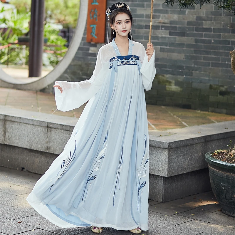Синий Вышивка Hanfu женские танцевальные костюмы народный фестивальный рейв наряд певцов одежда для выступлений дамское платье феи 2 шт. DC3405 - Цвет: Синий