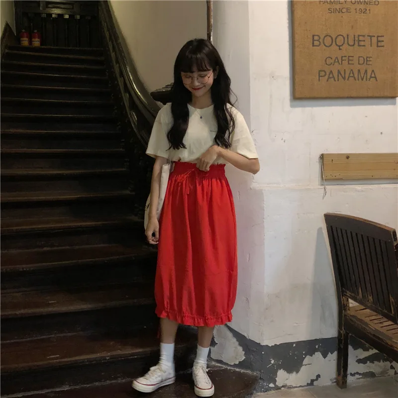 

Summer New Style 2019 Solid Color Loose-Fit Slimming Versatile Workwear-Style Skirt Drawstring Design Black Dress A- line Skirt