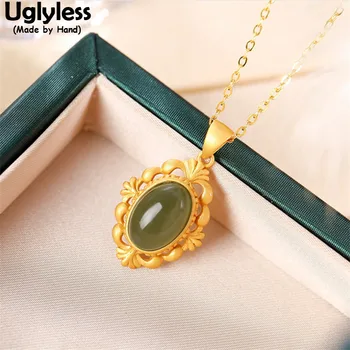 

Uglyless Rhombus Frame Oval Jade Pendants for Women Gold Natural Gemstones Necklaces NO Chain Real 925 Silver Fashion Jewelry