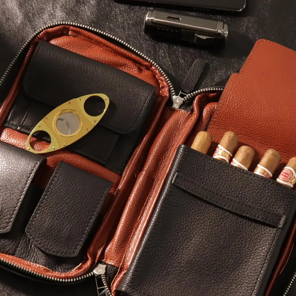 FIREFOG для курения Humidor подлинный кожаный сигарный хьюмидор путешествия портативный хьюмидор коробка сумка(Вмещает 5-6 сигар, черный
