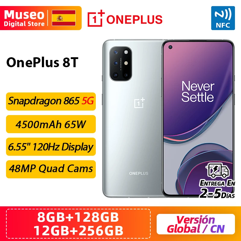 OnePlus 8T 8 T, ROM Global, 8GB/12GB RAM 128GB/256GB ROM, Snapdragon 865 móvil, 6.55 120Hz Pantalla fluida, 48MP Cámaras cuádruples 65W Carga NFC