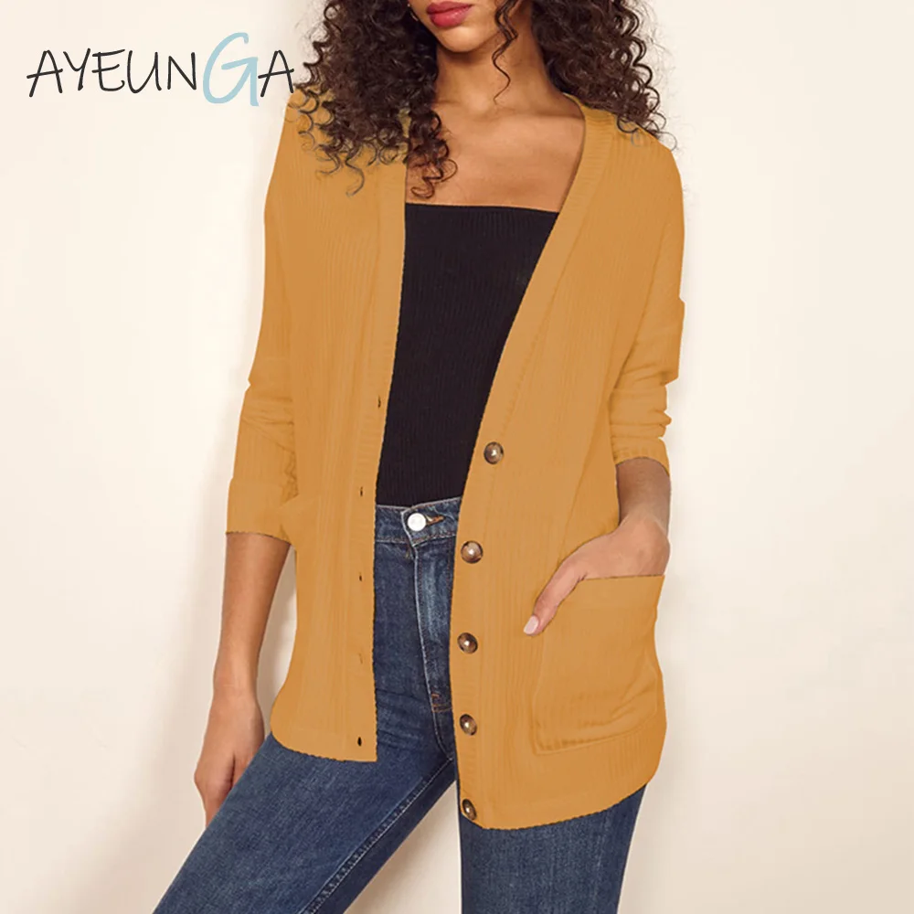

Solid Casual Women Knitted Cardigan V-Neck Long Sleeve Fashion Pockets Autumn Tops Open Front Loose Elegant Buttons Sweater Coat
