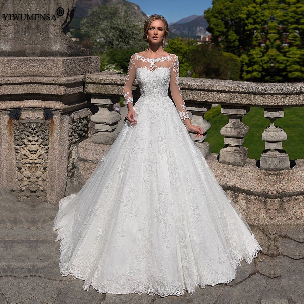 Boho кантри Тюль с длинным рукавом Аппликации Кружева Свадебные платья 2020 совок
