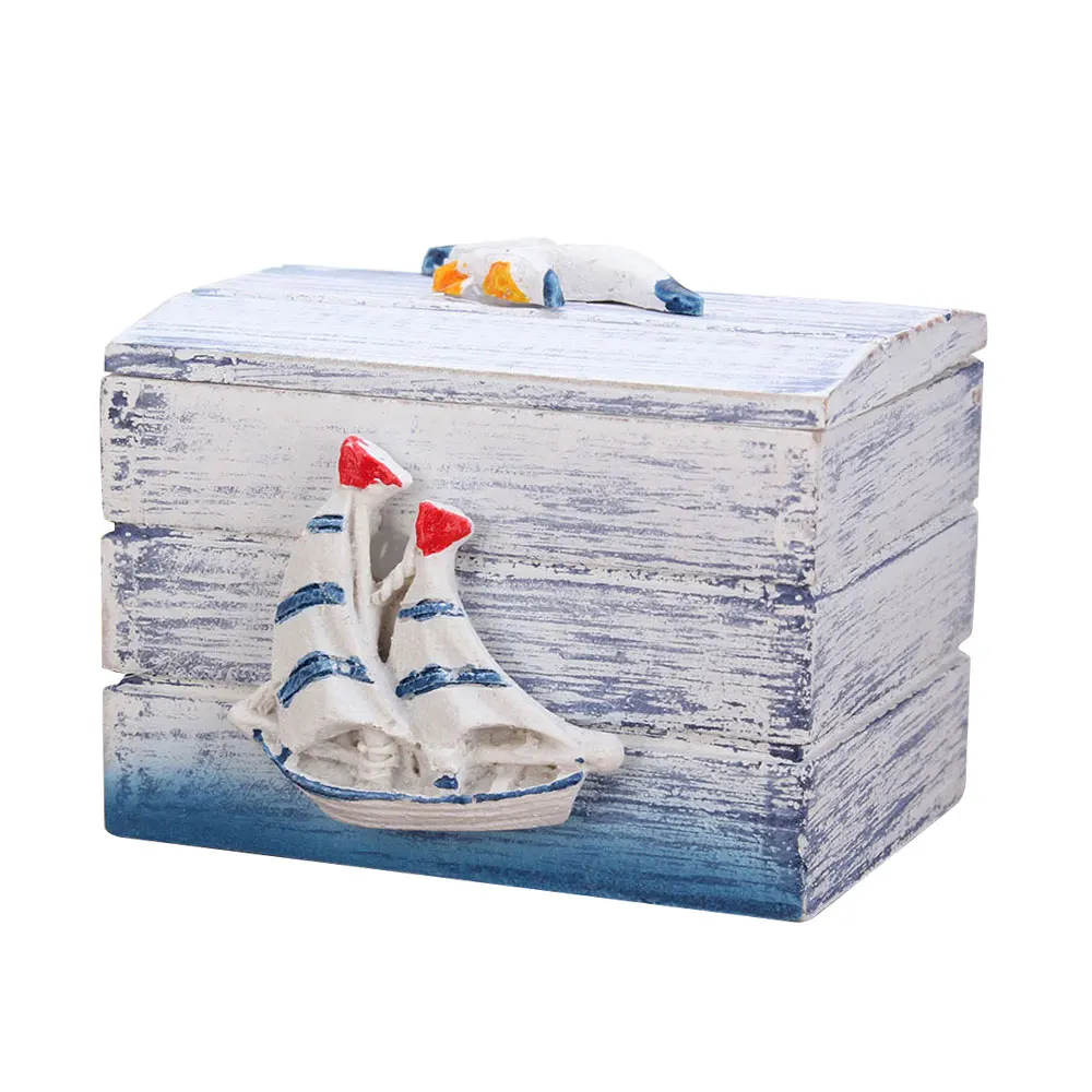 Jewelry Storage Box Mini Home Colorful Jewellery Storage Case Sailboat Pattern Wood Craft - Цвет: Синий