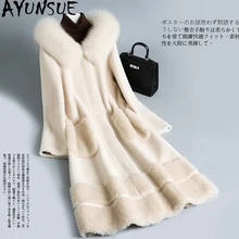 AYUNSUE/зимнее пальто для женщин из овечьей шерсти; пальто из натурального меха; женский воротник из лисьего меха; шерстяное пальто; длинная куртка; Manteau Femme; MY4230