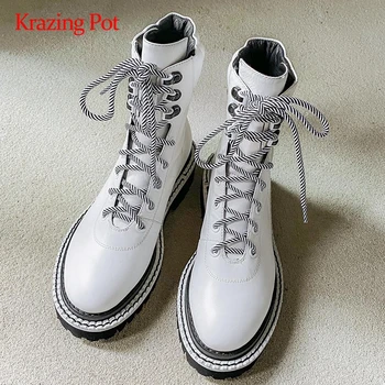 

Krazing pot motorcycle boots natural leather mixed colors round toe thick high heel lace up handsome fashion mid-calf boots L08