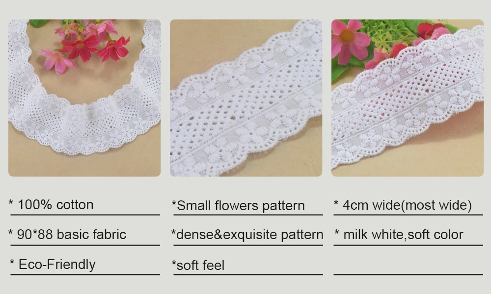 Description Picture 2 of item100% Cotton Embroidery Lace Sewing Ribbon Fabric Warp Knitting DIY Garment Wedding Accessories Guipure Trim 4cm Width #4241
