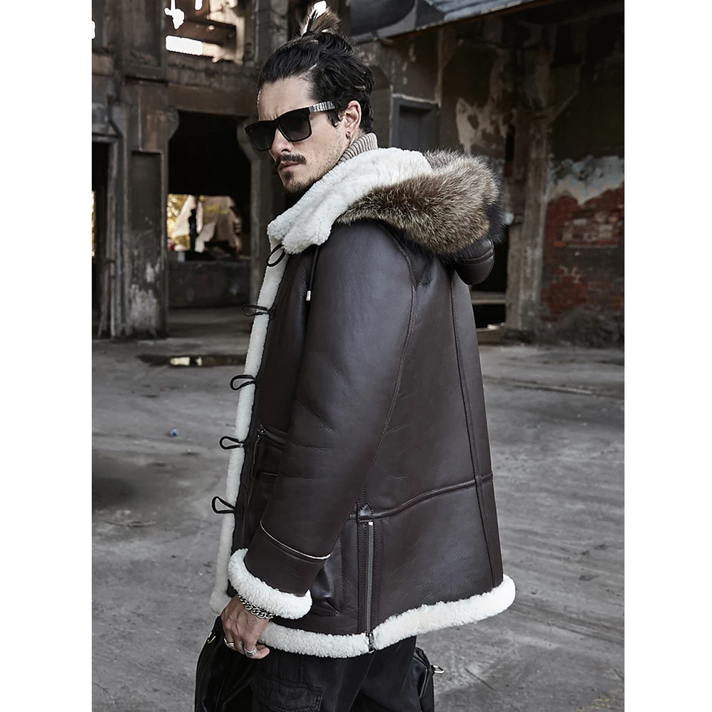 Shearling Coat Mens Brown B3 Bomber Jacket Hooded Leather Jacket Thick Mens Winter Coats Long Fur Jacket Airforce Flight Coat
