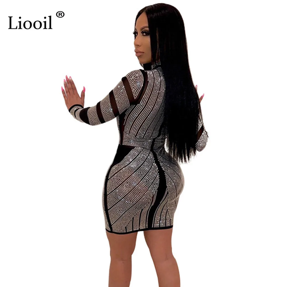 Liooil, черное, стразы, Сетчатое, прозрачное, сексуальное, облегающее, Мини платье для женщин, Клубная одежда,, длинный рукав, водолазка, высокая талия, Платья для вечеринок