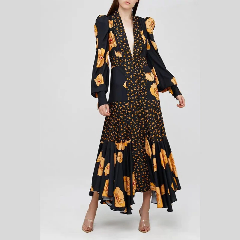 Vrouwen Hoge Kwaliteit Bladerdeeg Mouw Sexy V-hals Bloemen Gedrukt Knop Resort Jurk Hoge Taille patchwork Lange Strand Vakantie Jurk Vrouwen Hoge Kwaliteit Bladerdeeg Mouw Sexy V-hals Bloemen Gedrukt Knop Resort Jurk Hoge Taille patchwork Lange Strand Vakantie Jurk