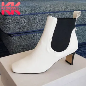 

KemeKiss Real Leather Women Ankle Boots Square Toe Casual Shoes Women Work Office Shoes Daily Slip On mujer Zapatos Size 34-39