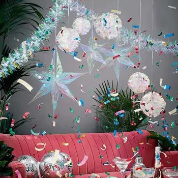 

DIY Iridescent Shiny Rainbow Film Pentagram HexagonalHanging Ornament,Clear Foil Decorative Folding For Christmas Bridal