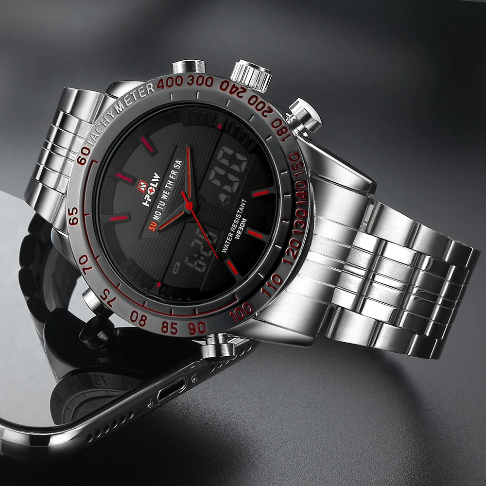 Полностью Стальные кварцевые цифровые светодиодный часы Топ люксовый бренд HPOLW