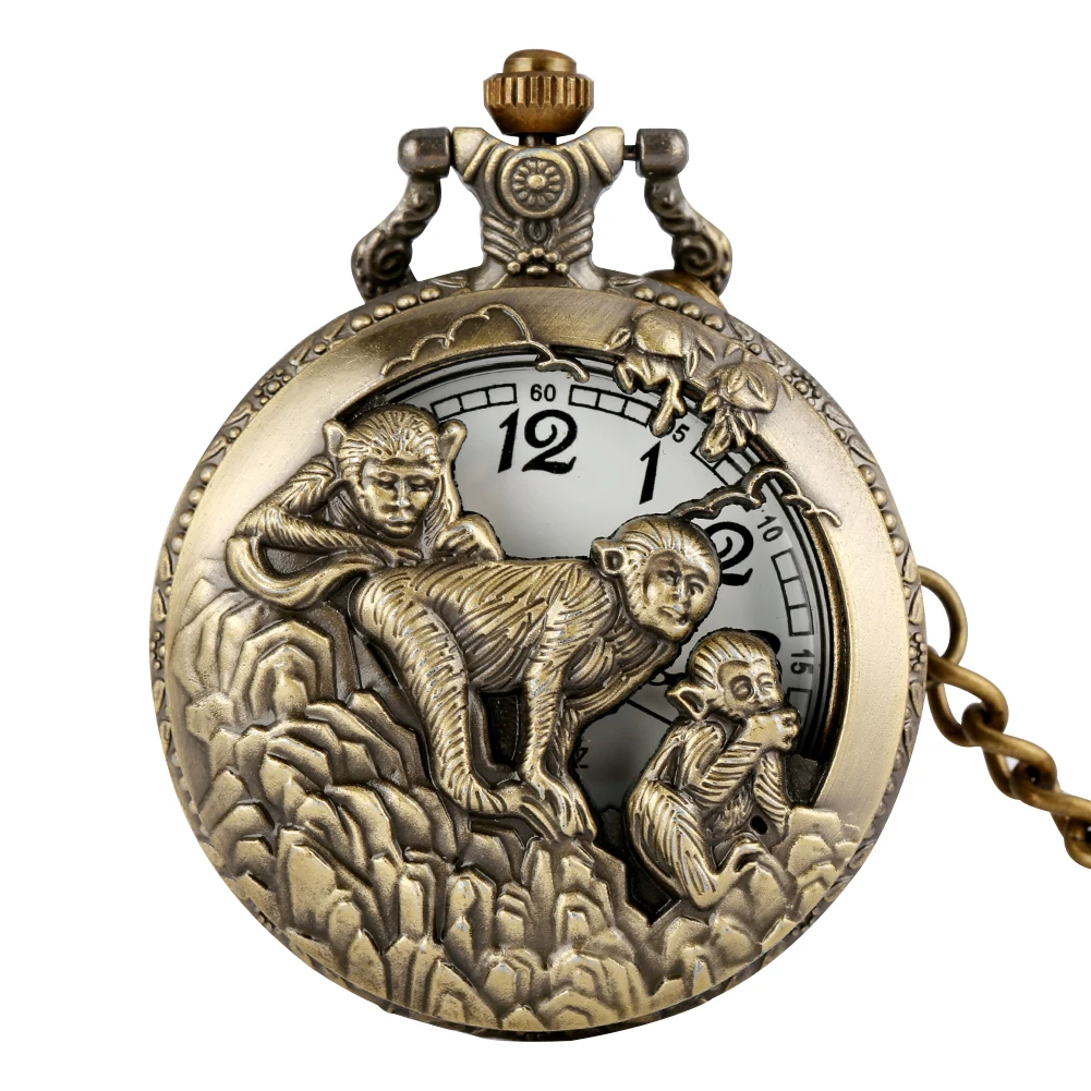 Bronze Chinese Zodiac Monkey Pocket Watch Retro Pendant Watch Necklace Fob Chain Half Hunter Antique Clock Unisex Gifts