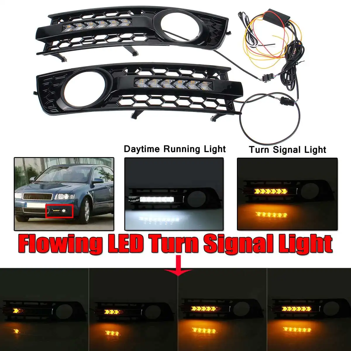 

2pcs Honeycomb Mesh Flowing LED Mesh Car Fog Light Cover Mesh Grill Grille With Turn Signal Lamp DRL For Audi A4 B6 2001-2005