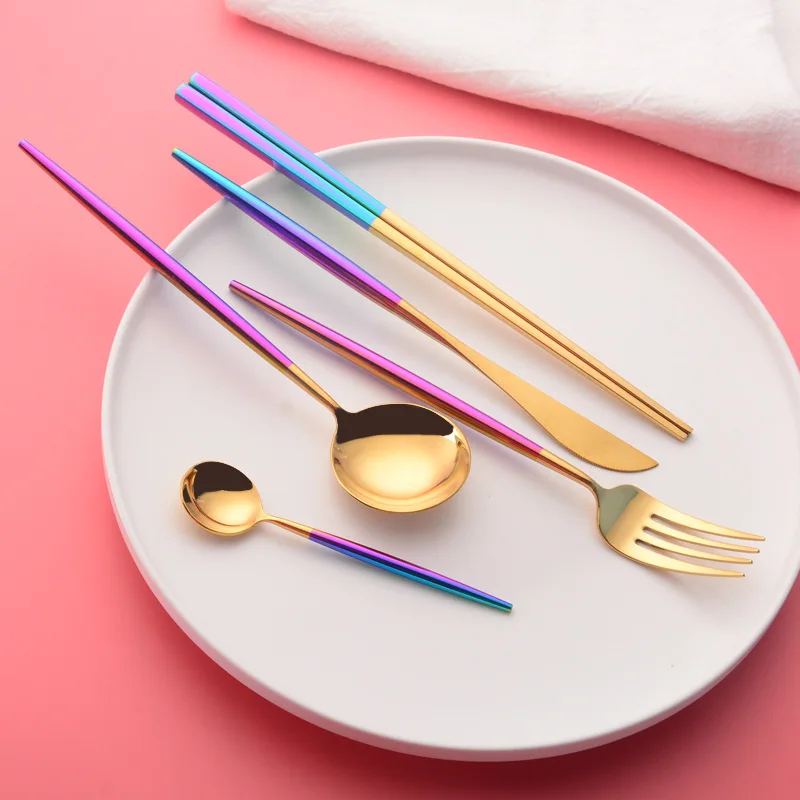 

Colorful Cutlery Set Stainless Steel Chopsticks Dinner Knife Spoon Fork Teaspoon Tableware Set Christmas Silverware Gift Party