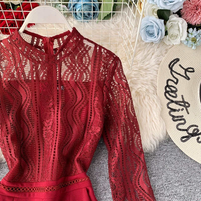 Autumn Fashion Sexy Lace Hollow Stitching Wide-legged High Waist Long Sleeve Jumpsuits Women Solid Color Elegant Overalls J897