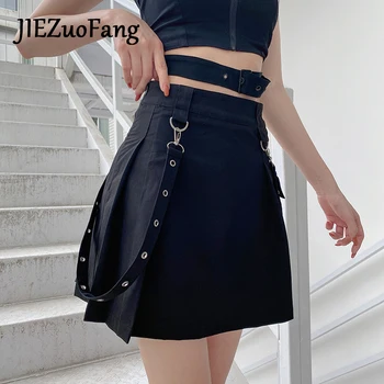 

JIEZuoFang High Waist Black Short Skirt Pockets Irregular Skirt For Women Summer Asymmetrical Gothic Mini Pencil Skirts 2020
