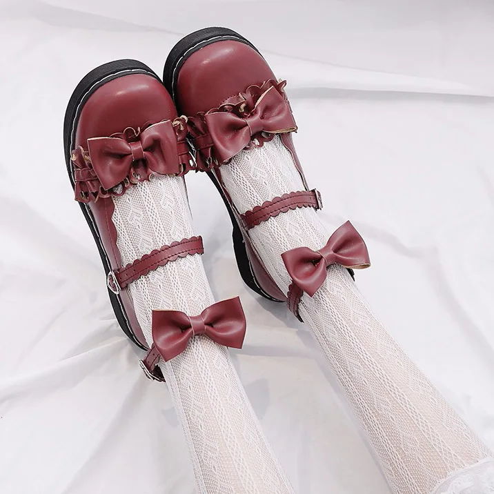 Готическая обувь в стиле Лолиты; женская обувь на платформе; японская обувь для школьной униформы; туфли-лодочки на низком каблуке; женская обувь с бантом-бабочкой - Цвет: Red