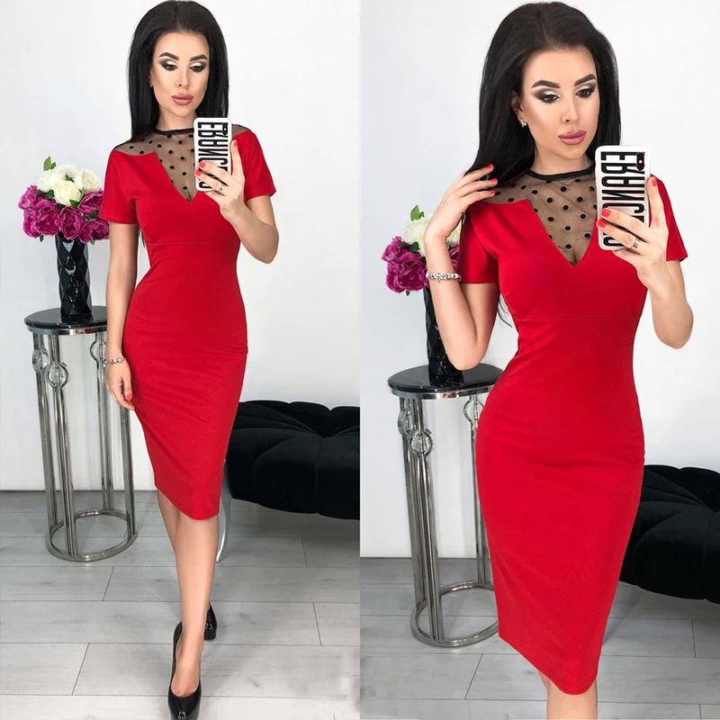 Сетка лоскутное облегающее платье 2019 Новое Женское летнее Черное Красное