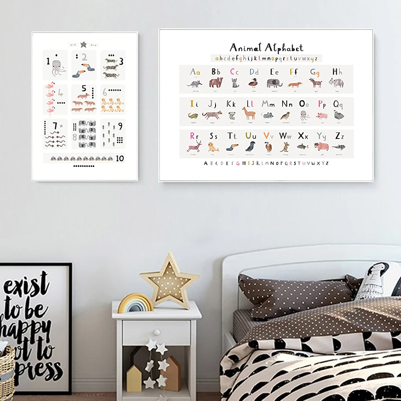 Alphabet Cartoon animal Poster Number Letter Educational Learning Print Painting Kids Water color Wall Art Boy Room | Дом и сад