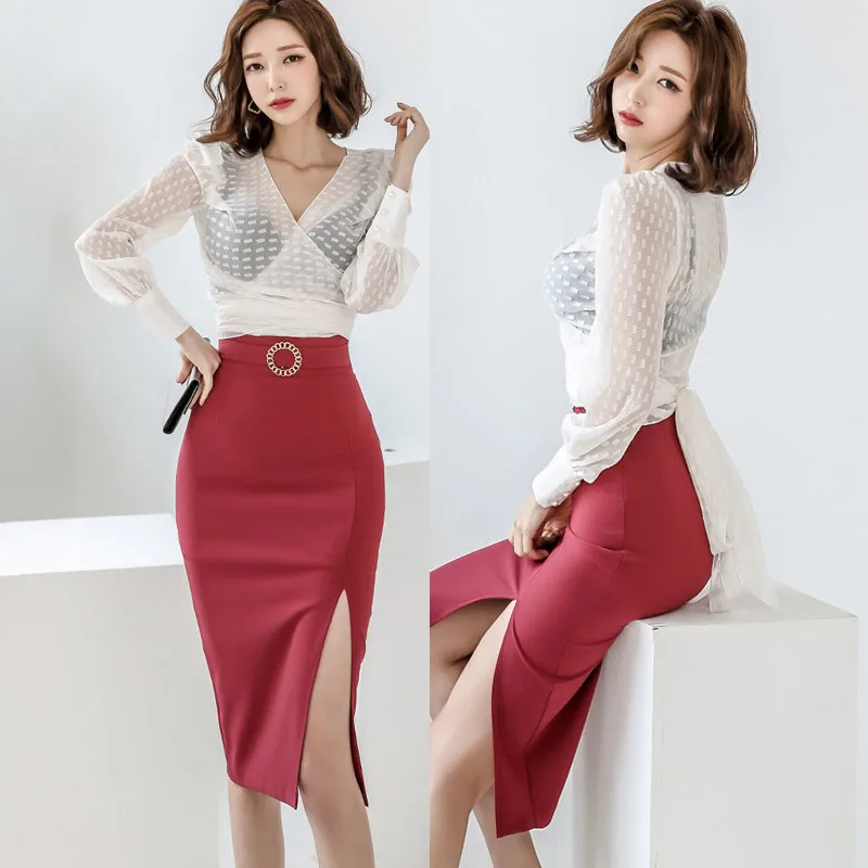 

048 # New Style Two-Piece 2019 Autumn And Winter Korean-style Elegant V-neck Waist Hugging Tops Slim Fit Slit Skirt Set