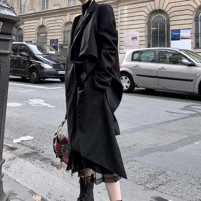 

Autumn And Winter New Style Black And White with Pattern Pleated Design Cotton Blend Drape Good Long Trench Coat