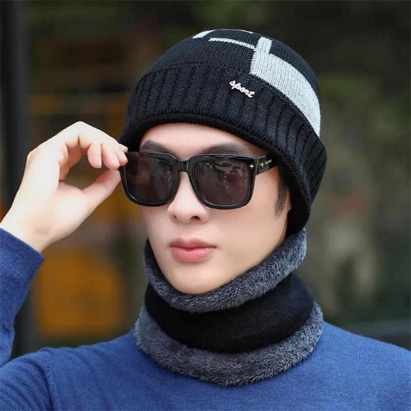 Men Winter Hat And Scarf Man Warm Knitted Plush Hat 2 Pcs Set Male Patchwork Beanies Cap With Ring Scarves Adult Accessorie