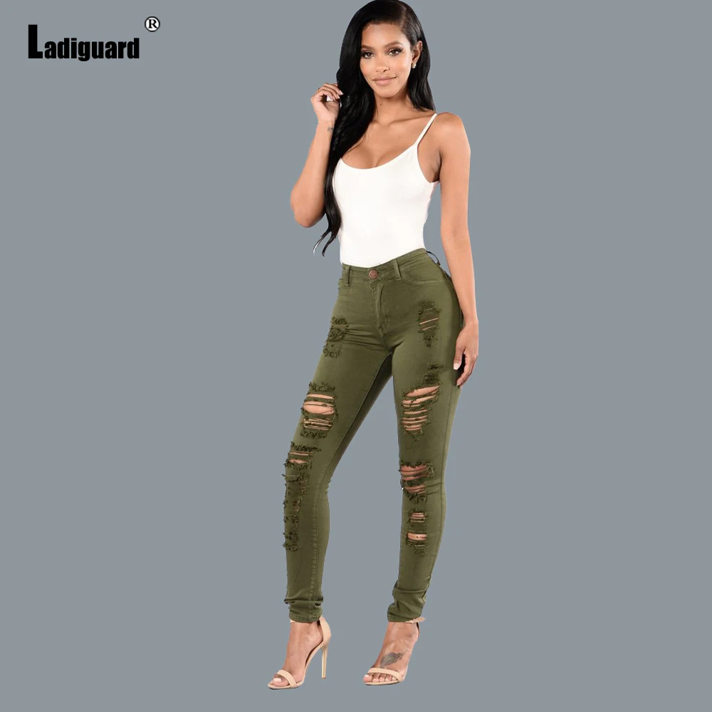 2024 Women High Cut Jeans Demin Pants Spring Autumn Jeans Slim Fitted Femme Hole Ripped Jeans Ladies Distressed Denim Trousers denim wide legged demin pants 3 color ripped flare streetwear jeans high waisted ladies personalized trousers