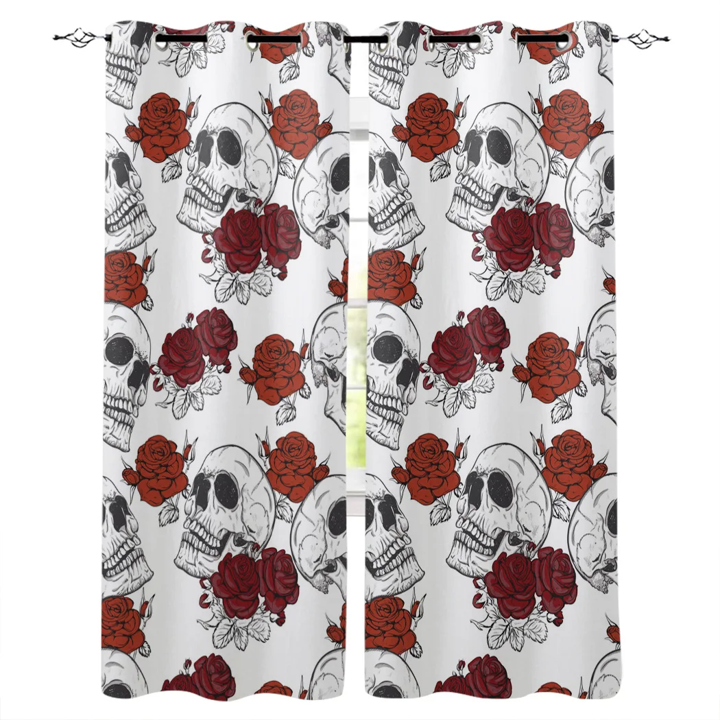 Занавеска на окна разных размеров с рисунком черепа розово-красного цвета