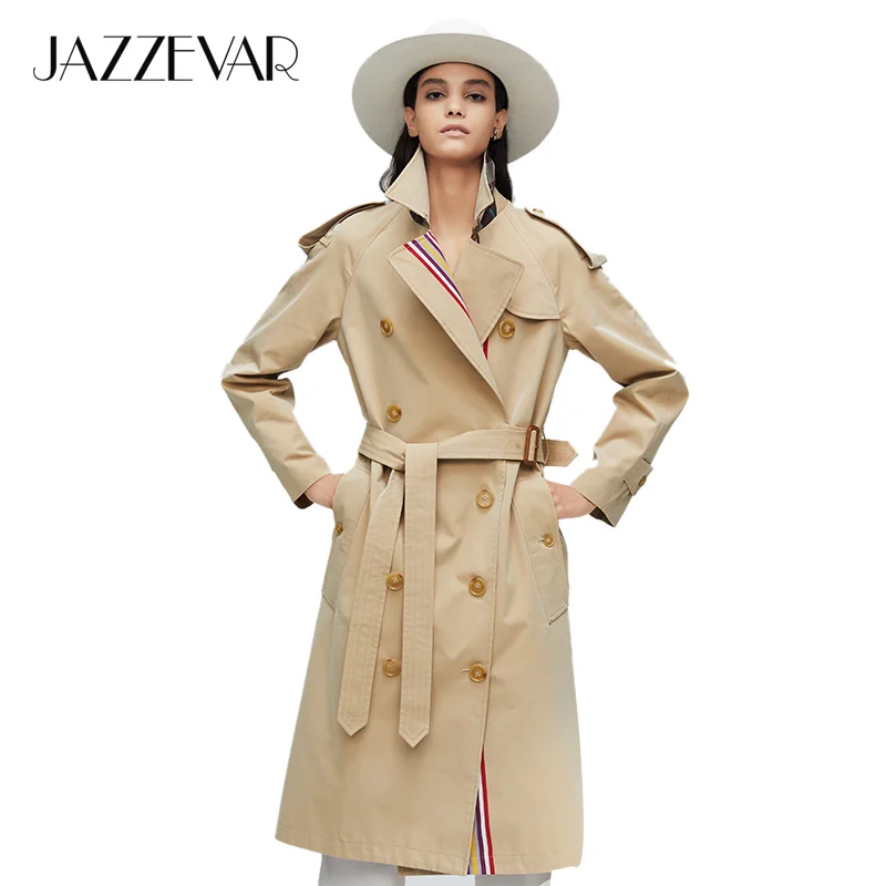Kopen JAZZEVAR 2019 Nieuwe collectie herfst kaki trenchcoat vrouwen casual fashion hoge kwaliteit katoen met riem lange jas voor vrouwen 9004 1