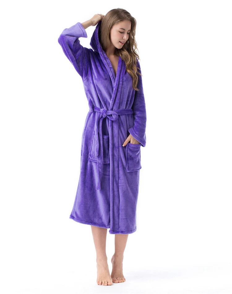 2020 Winter Kimono Robe Plush Fleece Bath Robes For Women Soft Warm Long Sleeve Hooded Nightgown Loungewear Sleepwear