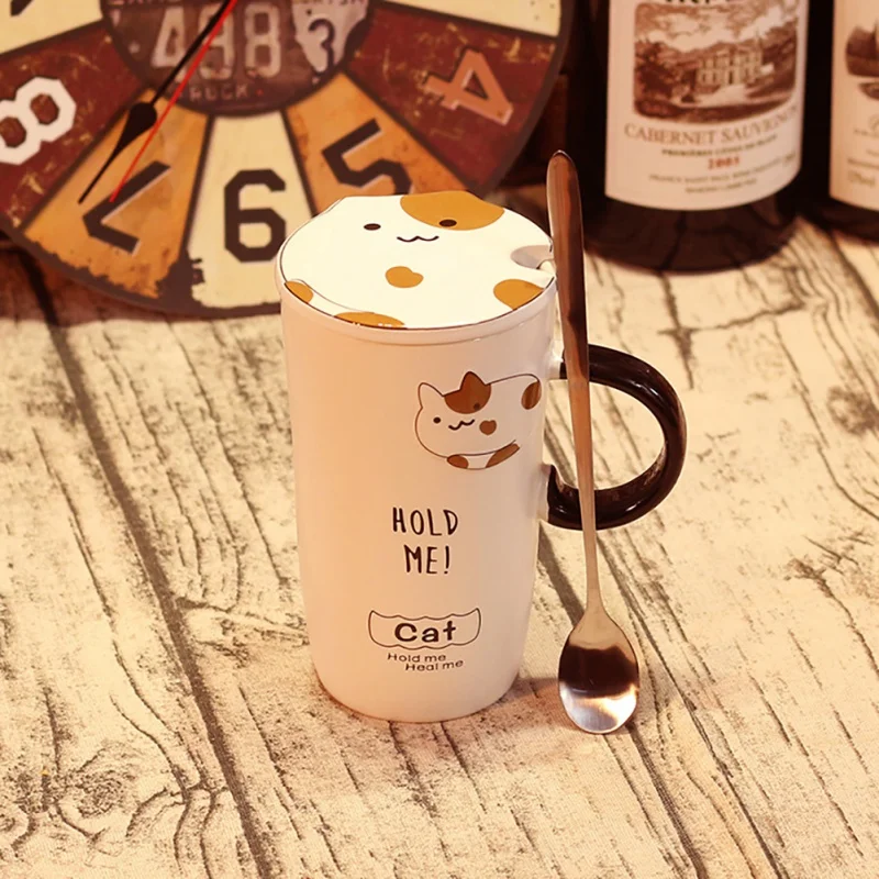 Household Cute Cartoon Pattern Cup Concise Ceramic Water Mugs Coffee Mike Office Cup With Cover&Spoon - Цвет: as the picture