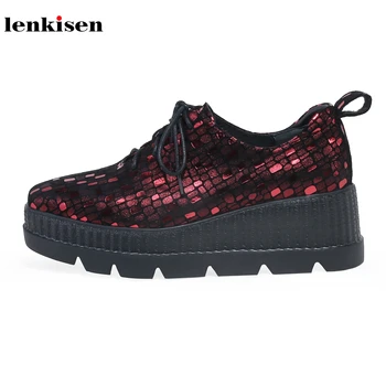 

Lenkisen hot soft breathable genuine leather gingham lace up high heels thick bottom sneaker autumn women vulcanized shoes L1f1