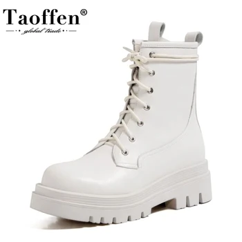 

Taoffen Real Leather Woman Ankle Boots Cross Strap Fashion Platform Warm Winter Shoes Women Thick Heel Short Boot Size 34-40
