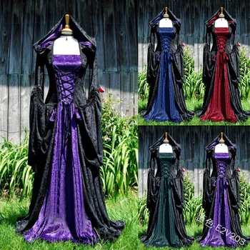 

2020 Fashion Retro Hooded Long Sleeve Medieval Lace Up Waist and Di Gothic Lady Irregular Dress