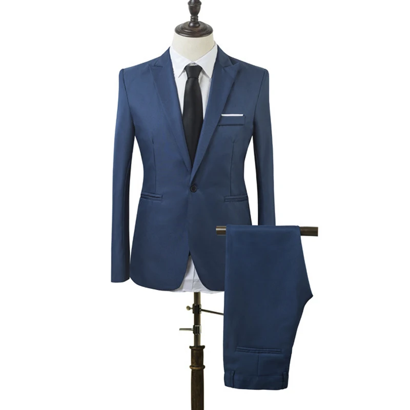Royal Blue Мужской костюм из 2 предметов, Одноцветный приталенный деловой смокинг, пиджак+ брюки, модные вечерние костюмы на выпускной, свадьбу для мужчин - Цвет: Royal Blue