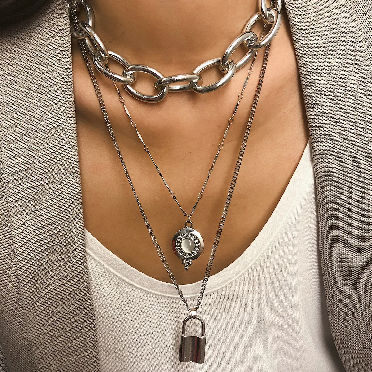AE-CANFLY, Европейское массивное металлическое ожерелье в стиле панк с цепочкой и жемчугом, женское простое многослойное длинное ожерелье с кристаллами, аксессуары - Окраска металла: 2284 silver