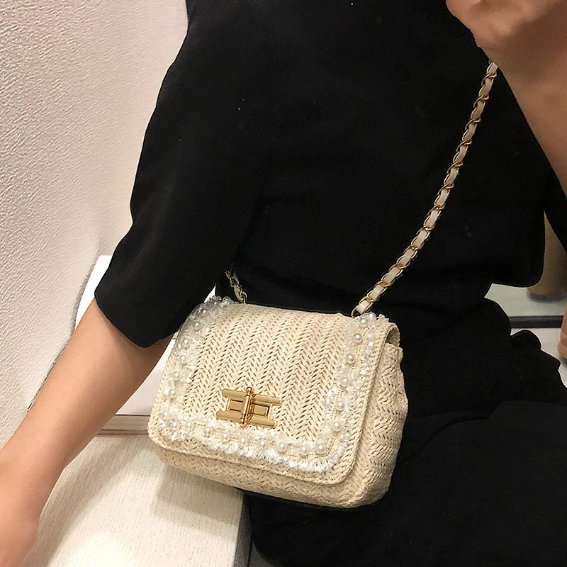 

Straw bag handbag new 2019 fashion small square bag wild woven summer pearl chain shoulder Messenger bag beach bag mobile walle
