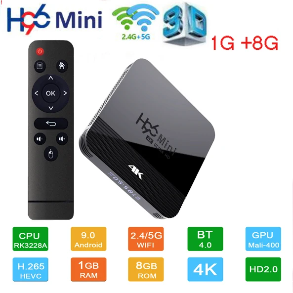 H96 мини H8 Android 9,0 ТВ приставка RK3228A 4K Смарт ТВ приставка H.265 2,4G 5G Wifi Google плеер четырехъядерный медиаплеер Bluetooth 4,0 - Цвет: 1G 8G