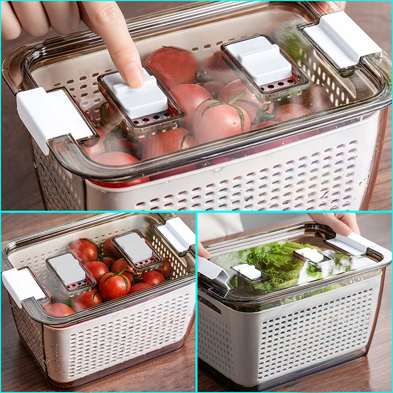 3in1 Fridge Drainage Basket W/ Lid Vegetable Fruit Pp Food Partitions