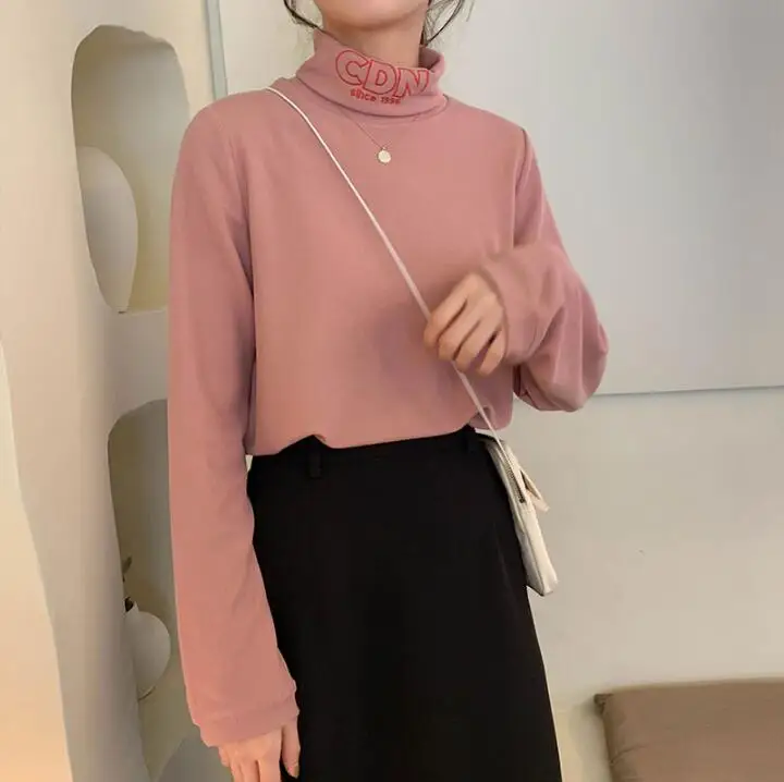 Розовый Женские футболки, топы, Японские Женские, Ulzzang, повседневные, ленивые, с высоким воротником, с надписью, футболка, женская, Корейская, Harajuku, одежда для женщин - Цвет: Розовый